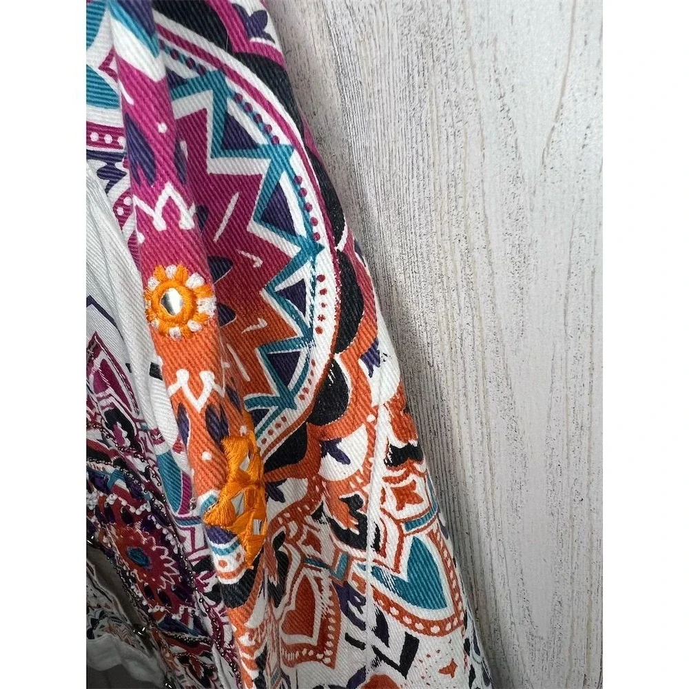 Boston Proper Womens White Mandala Embellished Denim Jacket Size S Boho Beaded - Picture 6 of 16